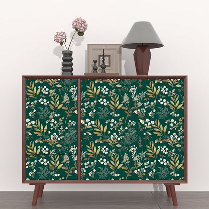 Laatse Dark Green Floral Wallpaper Peel and Stick Green Golden Leaf Wallpaper Vintage Floral Contact Paper Waterproof Self Adhesive Boho Delicate Wall Paper for Cabinet Rooms Walls Locker 17.5" x 118"