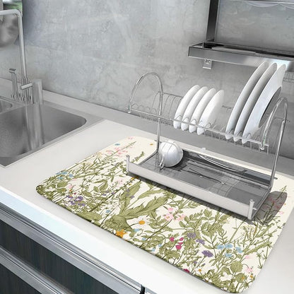 Aportt Spring Floral Wildflower Dish Drying Mat With Absorbent Reversible Microfiber Summer Flowers Sage Green Herbs Drying Mats 18 x 24 Inch Dish Drainer Mat Fast Dry For Kitchen Dining Room