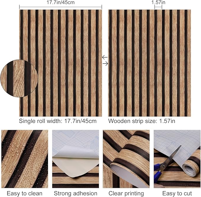 Yun-aeon Natural Wood Peel and Stick Wallpaper Wood Slats - 17.3"x 120" Tan Self-Adhesive Waterproof Vinyl Removable Wall Paper for Wall Decor Bedroom