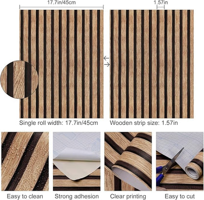 Yun-aeon Natural Wood Peel and Stick Wallpaper Wood Slats - 17.3"x 120" Tan Self-Adhesive Waterproof Vinyl Removable Wall Paper for Wall Decor Bedroom