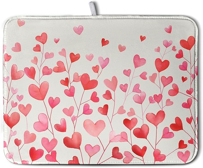 Valentines Pink Love Heart Dish Drying Mat Valentine Day Absorbent Microfiber Dish Drying Pad Heat Resistant Kitchen Counter Draining Mat Extra Large Dish Drainer Rack Mats 18x24 Inch