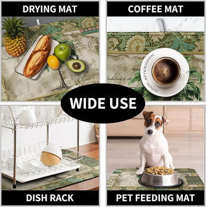 Palm Tree Kitchen Dish Drying Mat for Dishes 16x18 Inch Summer Vintage Tropical Leaves Green Jungle Plant Drying Mat Botanical Dish Drainer Mat Super Absorbent Dish Rack Pad for Coffee Bar Sinks