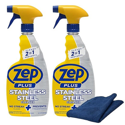 Zep Plus Stainless Steel Cleaner 32 oz (2 Units) & a Blue Microfiber Rag ECBD022 - Streak-Free Fingerprint Removal for Stainless Steel Appliances