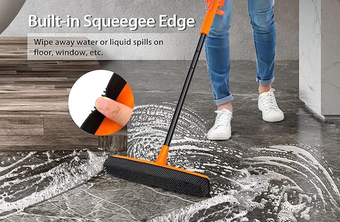JEHONN Rubber Broom Carpet Rake for Pet Hair Remover, Fur Removal with Squeegee, Portable Detailing Brush Brush, 52.8 Inches Telescopic Long Handle for Fluff Carpet