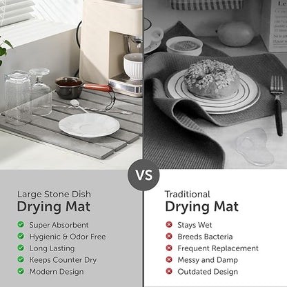 Large Stone Dish Drying Mat for Kitchen Counter, Quick Dry Stone Dishes Mats, Foldable Water Absorbing Diatomaceous Earth Drying Organizer Pad for Rack Bottles Plates(Light Gray 24"×16" & 8"x5")