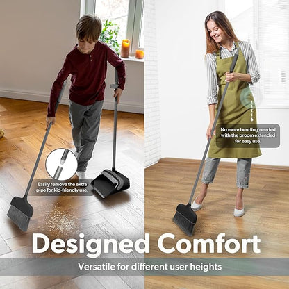 BLACK+DECKER Butler Broom & Dustpan Set - Stand-Up Design - Lightweight, Space-Saving Combo for Kitchen, Living Room, Bathroom, Lobby Floors - Home Cleaning Essential, Black/Grey