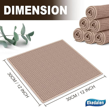 Microfiber Cleaning Cloth Waffle Weave for Dusting Absorbent Towel Quick Drying Dust Rags Household Kitchen, Lint Free Streak Free, 6 Pack,12 x 12 Inches, Khaki