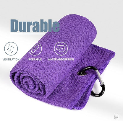Mile High Life Microfiber Golf Towel, 21" X 24", Waffle Pattern w Clip, Super Absorbent Tri-fold Large Towels, Golf Bag Accessories for Men & Women（Purple）