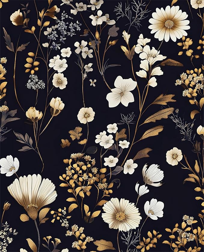 Floral Peel and Stick Wallpaper Vintage Black gold Flower Contact Paper Vinyl Waterproof Self Adhesive Removable Retro Decor Dark Botanical Wall Paper for Bedroom Walls Bookcase Drawers 17.5" x 393"