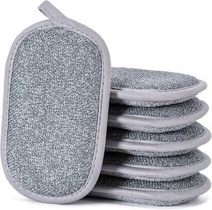 Dual-Sided Multi-Purpose Scrub Sponges, Non-Scratch Dishwashing Sponges for Kitchen, Reusable Microfiber Sponge for Efficiently Cleaning Dishes, High Density Sponge Inside (6 Pack, Large) Gray