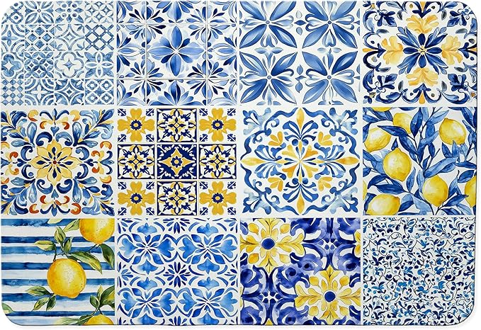 Mediterranean Tiles Dish Drying Mat, Blue White Italy Lemons Coffee Bar Mat for Countertops, Vintage Azulejo Absorbent Dish Drying Mats for Kitchen Counter Coffee Maker, 16x24 Inch