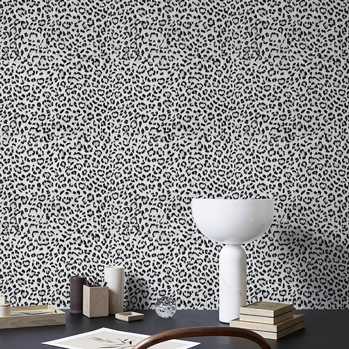 Leopard Print Peel and Stick Wallpaper, Waterproof Removable Self Adhesive Textured Wall Paper, Black and White Unique Funky Cheetah Contact Paper for Bedroom and Bathroom 120"X17.3"(14.4 sq. ft)