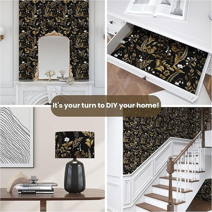 Extra Long Dark Floral Peel and Stick Wallpaper, Vintage Black Gold Leaf Wallpaper, Removable Contact Paper Self Adhesive for Bedroom Bathroom Cabinet Black Gold White 17.5In x 393In