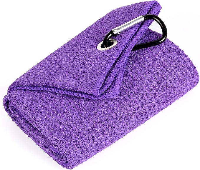 Mile High Life Microfiber Golf Towel, 21" X 24", Waffle Pattern w Clip, Super Absorbent Tri-fold Large Towels, Golf Bag Accessories for Men & Women（Purple）