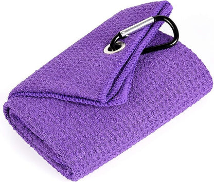 Mile High Life Tri-fold Golf Towel | 16" X 24" | Premium Microfiber Fabric | Waffle Pattern | with Heavy Duty Carabiner Clip | for Men and Women (Purple)