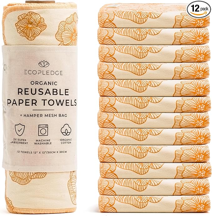 Reusable Paper Towels Washable Roll - Thick 12-pc Two Layered Ultra Absorbent Paperless Certified Organic Cotton Towels - Large Cloth Kitchen Paper Towel with Hanging Loop