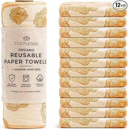 Reusable Paper Towels Washable Roll - Thick 12-pc Two Layered Ultra Absorbent Paperless Certified Organic Cotton Towels - Large Cloth Kitchen Paper Towel with Hanging Loop