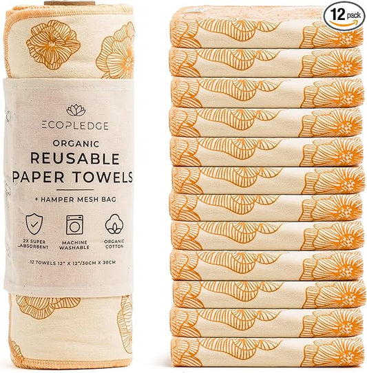 Reusable Paper Towels Washable Roll - Thick 12-pc Two Layered Ultra Absorbent Paperless Certified Organic Cotton Towels - Large Cloth Kitchen Paper Towel with Hanging Loop