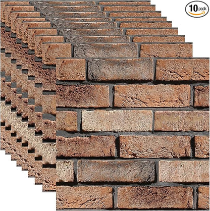 3D Wall Panels Peel and Stick - 10 Pack Brick Textured PVC Panels, Waterproof Self-Adhesive Wall Tiles for Accent Walls, Kitchen, Bathroom, Bedroom & Office Decor (Large Brown Brick)