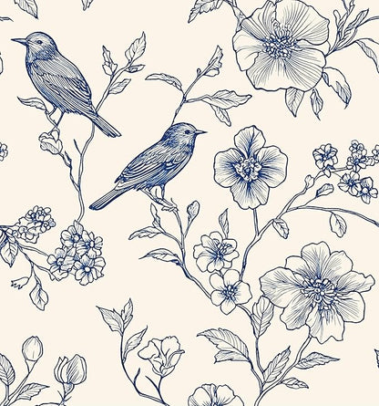 Beige Wallpaper Peel and Stick Blue Floral Bird Vintage Contact Paper 17.5" x 118" Boho Animal Self Adhesive Waterproof Removable for Bathroom Shelves Cabinet Drawer Table Decor Renter Friendly