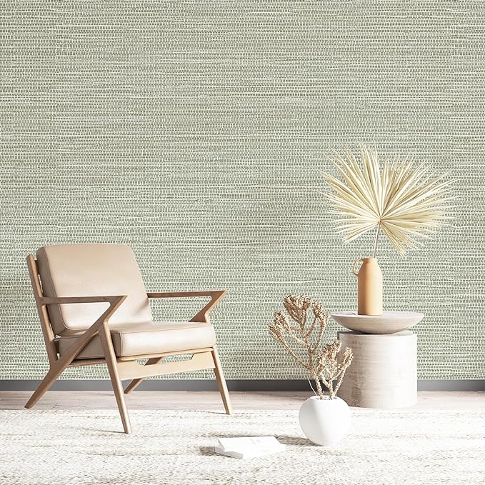 Simon&Siff Green Textured Grasscloth Peel and Stick Wallpaper 17.7"x197" Neutral Faux Grassweave Wallpaper Waterproof Self Adhesive Removable Wallpaper Mural for Home Decor Bedroom Kitchen Cabinet