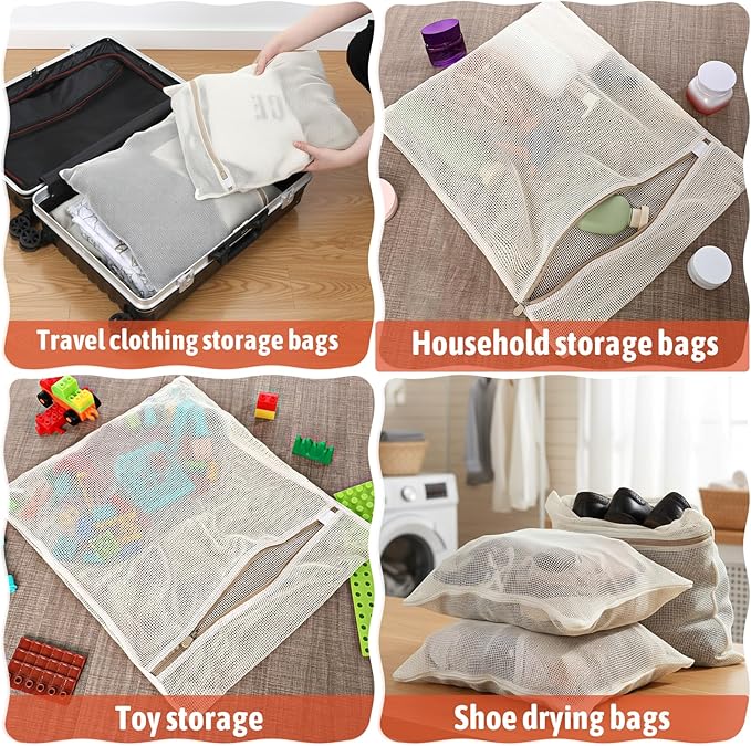 6 Piece Organic Cotton Mesh Laundry Bag Bulk, Durable Mesh Wash Bags with Sturdy Zippers and Breathable Meshes, for Underwear, Clothes, Shoes, Socks, 15.7 * 19.7Inch