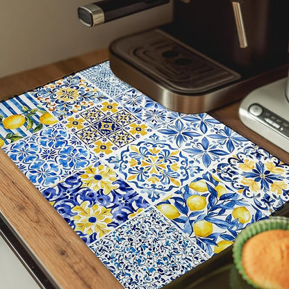 Mediterranean Tiles Dish Drying Mat, Blue White Italy Lemons Coffee Bar Mat for Countertops, Vintage Azulejo Absorbent Dish Drying Mats for Kitchen Counter Coffee Maker, 16x24 Inch