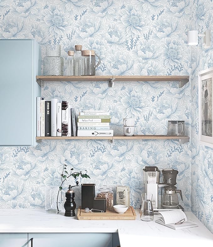 Guvana Peel and Stick Wallpaper Blue Floral Contact Paper Boho Wallpaper Modern Large Blue Flower Wall Paper for Bathroom Bedroom Living Room Accent Wall Removable Waterproof Vinyl Rolls 17.3in×78.7in