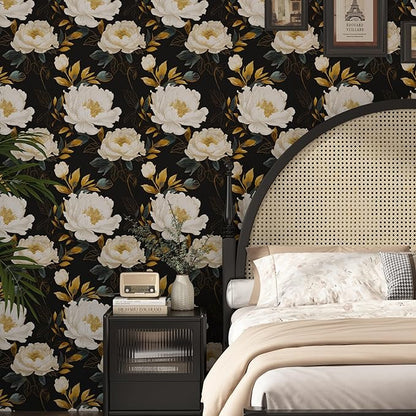 Vintage Dark Floral Wallpaper Peel and Stick, White Peony Flower with Gold Leaf Removable Contact Paper for Bedroom Cabinet Drawer, Boho Botanical Wall Decor Black White Gold 17.5" x 118"
