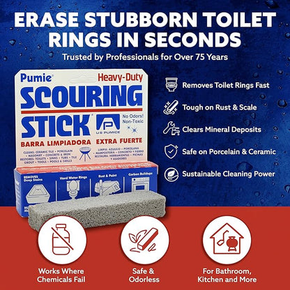 PUMIE Pumice Scouring Stick for Cleaning Toilet Bowl Rings & Hard Water Stains, Bathroom, Pools & Tubs, Pumice Stone for Toilet Cleaning, Rust, Grills, Food Build Ups, Pack of 4, includes Scouring Pad