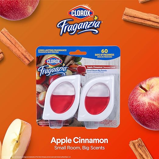 Clorox Fraganzia Small Rooms Air Freshener, Apple Cinnamon Scent - Peel & Place Air Freshener, No-Plug, Battery-Free for Closets, Laundry Room, Entry Way, Bathroom, Locker, 0.25 Fl Oz Each, 2 Count