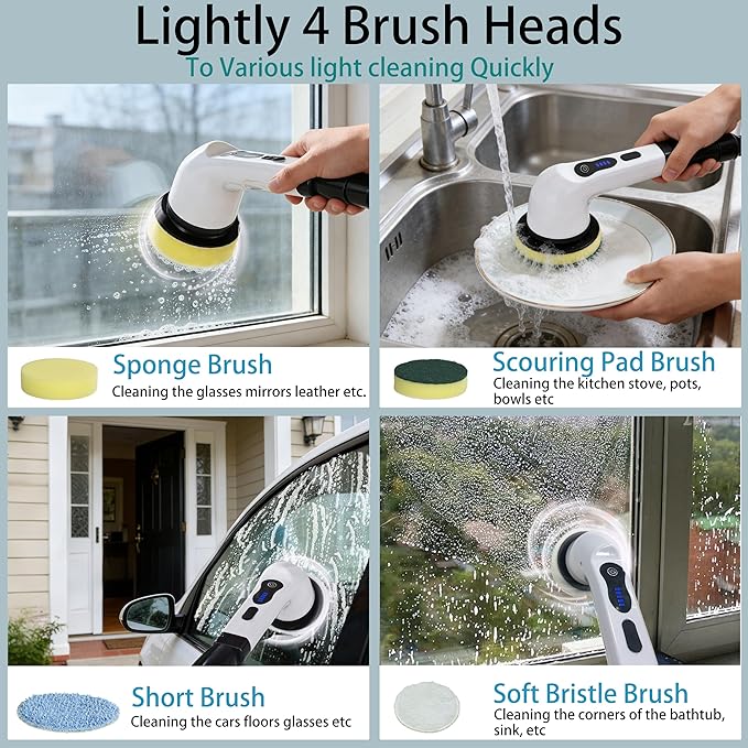 Electric Spin Scrubber Cordless Power Cleaning Brush with 8 Brush Heads Extendable Handle 3 Adjustable Size 2 Speeds IPX7 Waterproof for Bathroom and Kitchen