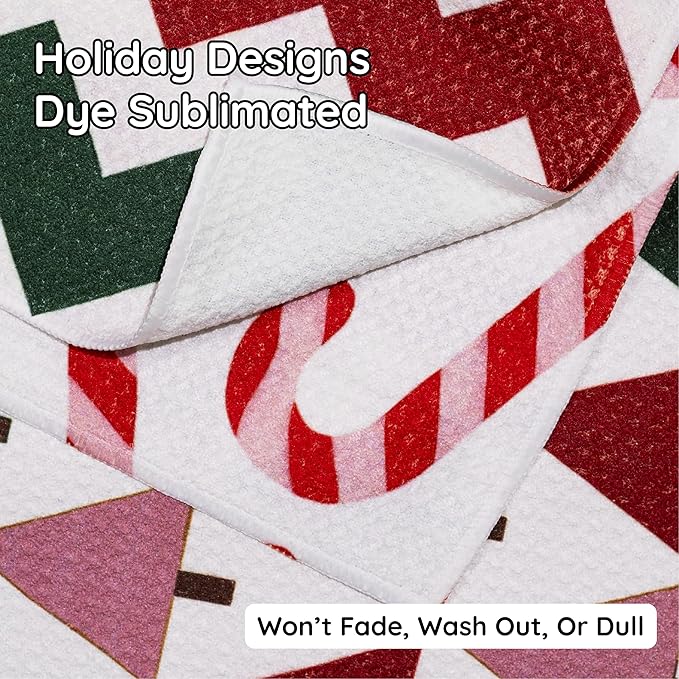 Christmas Kitchen Towels Set of 3 Candy Lane – Microfiber Waffle Weave Dish Towels 16x24, Super Absorbent & Lint-Free Holiday Kitchen Towels for Drying, Cleaning & Christmas Décor