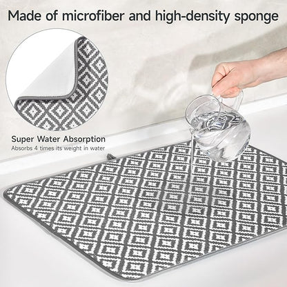 Subekyu 2 Pack Dish Drying Mat, 24*18 inch Ultra Absorbent Microfiber Dishes Drainer Mats for Kitchen Counter, Large Size Dish Drying Pad with Rhombus patterns