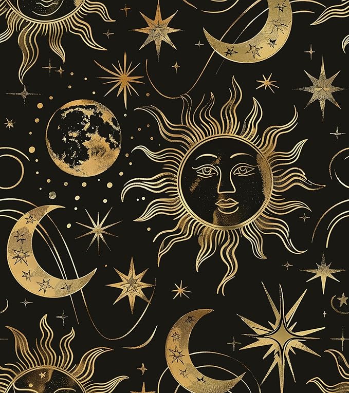 Laatse Black Peel and Stick Removable Vintage Wallpaper Gold Celestial Sun Moon Star Contact Paper 17.5" x 118" Dark Boho Mural Waterproof for Wall Bedroom Kitchen Bathroom Cabinet Room Decor