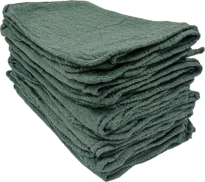 Detailer's Preference Absorbent Cotton Shop Towels, Reusable Cleaning Rags for Auto, Garage, Home, Kitchen, Industrial Use, Wipe Spills, Grease, Oil, Grime, Dirt & More, 11x12, 50-Pack, Green