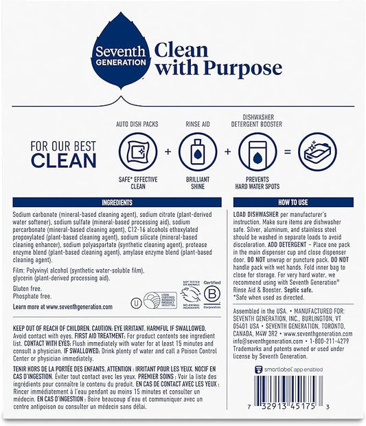Seventh Generation Dishwasher Detergent Packs Free & Clear Pack of 5 for sparkling dishes Dishwasher tabs 45 count