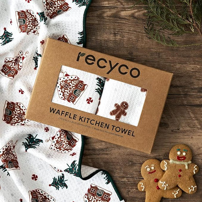 RECYCO Christmas Waffle Kitchen Towel Set of 2 - Quick Dry Microfiber Sustainable Dish Towels - Ultra Absorbent Reusable Cleaning Tea Towels - Lightweight Hand Towels,16”x 28”, Gingerbread Joy