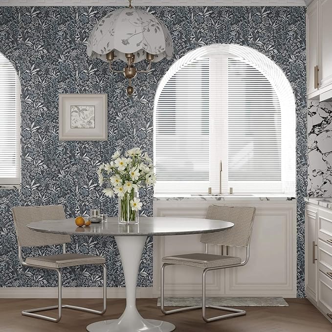 Heroad Blue Peel and Stick Wallpaper Boho Floral Contact Paper 17.3''x78.7'' Dark Blue Wall Paper Removable Self Adhesive Wallpaper for Cabinets Bedroom Bathroom Waterproof Decoration Vinyl Roll
