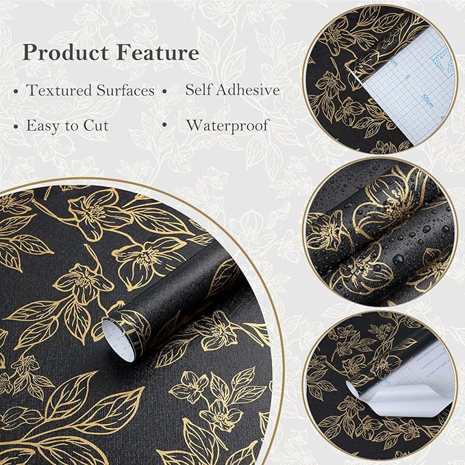 Ismoon Peel and Stick Wallpaper Black and Gold Stick on Wallpaper Dark Floral 17.3x78.7in Black Modern Wall Paper Removable Self Adhesive Contact Paper for Bedroom Cabinets Shelf Liner Vinyl