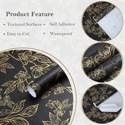 Ismoon Peel and Stick Wallpaper Black and Gold Stick on Wallpaper Dark Floral 17.3x78.7in Black Modern Wall Paper Removable Self Adhesive Contact Paper for Bedroom Cabinets Shelf Liner Vinyl