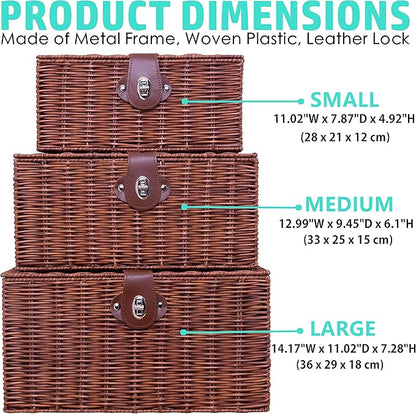 Set of 3 Woven Wicker Storage Basket Box with Lids & Lock, Built-in Carry Handles, Multifunctional Storage Organizer for Nursery, Baby, Clothes, Toys, Books, Large/Medium/Small Size (Natural)