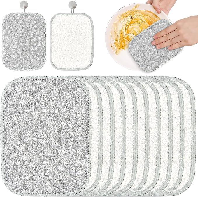 Innovative Dishwashing Cloth 2 Layers(Soft Cotton Layer and Nubbed Wire Scrub Layer)Dish Cloth with Hanging Rope Ideal for Kitchen Cleaning and Housekeeping to Clean Dishes Cookware Sinks Countertops