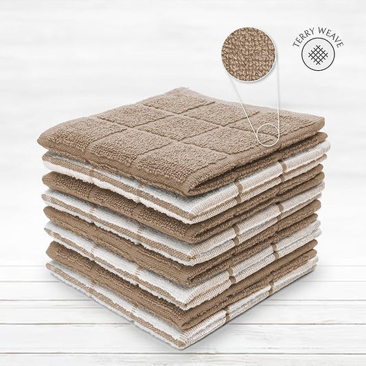 100% Cotton Terry Dish Cloth & Dish Towel, 8 Pack, Super Soft and Absorbent Kitchen Towels, Perfect for Kitchen Cleaning and Dish Washing (TAN (Solid and Checks) 8 Pack)