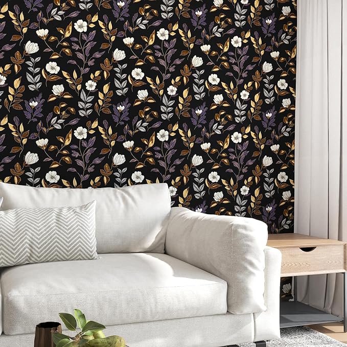 Fvlow Dark Floral Wallpaper Peel and Stick Vintage Gold Leaf Contact Paper Black Floral Wallpaper Waterproof Self-Adhesive Wall Covering for Bedroom Countertop Desk Cabinets 17.4" x 118"