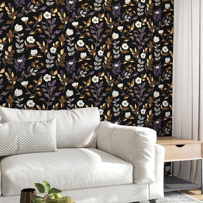 Fvlow Dark Floral Wallpaper Peel and Stick Vintage Gold Leaf Contact Paper Black Floral Wallpaper Waterproof Self-Adhesive Wall Covering for Bedroom Countertop Desk Cabinets 17.4" x 118"