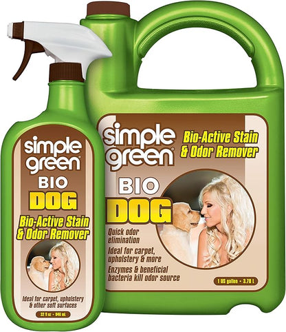 Simple Green Bio Dog Active Stain & Odor Remover - Enzyme Cleaner & Stain Remover for Carpet, Rugs & Fabric – eliminates Urine Odor (32 oz Spray & 1 gal Refill)