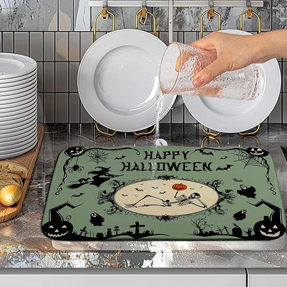 Happy Halloween Dish Drying Mat for Kitchen Counter 16x18 Skull Pumpkin Witch Spider Web Bat Ghost Drying Mats Green Black Absorbent Microfiber Dish Drainer Rack Pad for Coffee Bar
