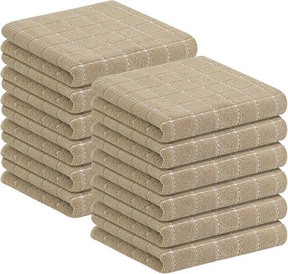 Homaxy 100% Cotton Terry Kitchen Towels(Tan, 13 x 28 inches), Checkered Designed, Soft and Super Absorbent Dish Towels, 12 Pack