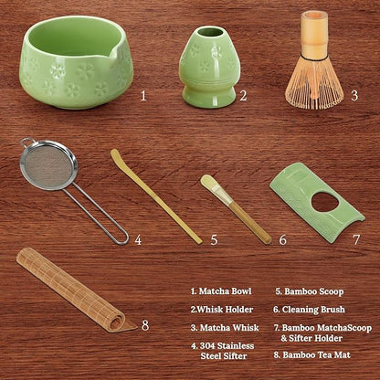 8 Pcs Matcha Whisk Set: Matcha Bowl, Whisk and Holder, Cleaning Brush, Bamboo Scoop, 304 Sifter, Tool Holder, Tea Mat – Matcha Set Kit Gifts for Women, Mom, Valentines Day (Green)